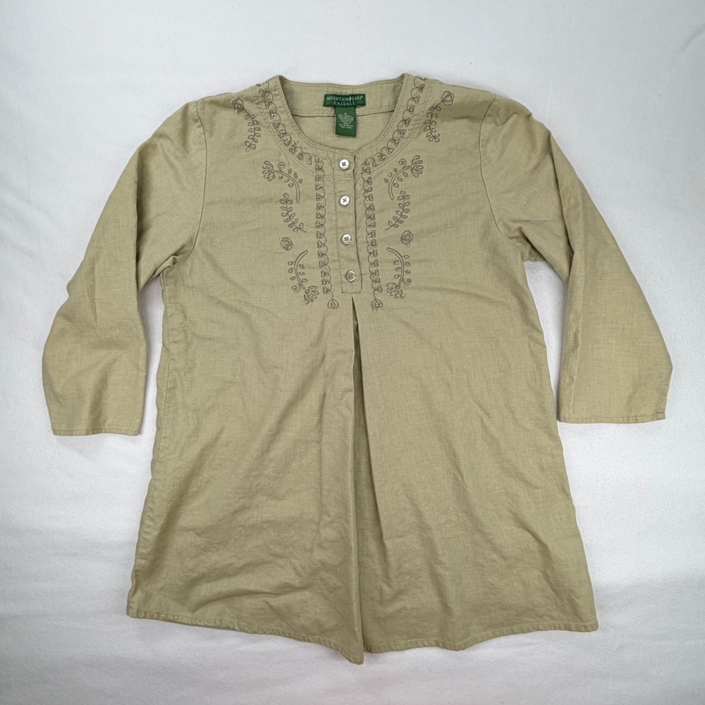 Mountain Lake Casuals Tunic Women Small Green Linen Blend Beaded Embroidered Top